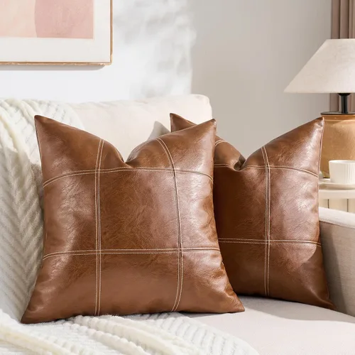 Vista 11 de Fancy Homi Paquete de 2 fundas de almohada decorativas de piel sintética a cuadros negros de 16 x 16 pulgadas para sofá cama sofá, estilo rústico