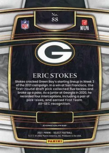 Vista 2 de 2021 Panini Select #88 Eric Stokes Concourse Green Bay Packers RC Rookie NFL Football Trading Card