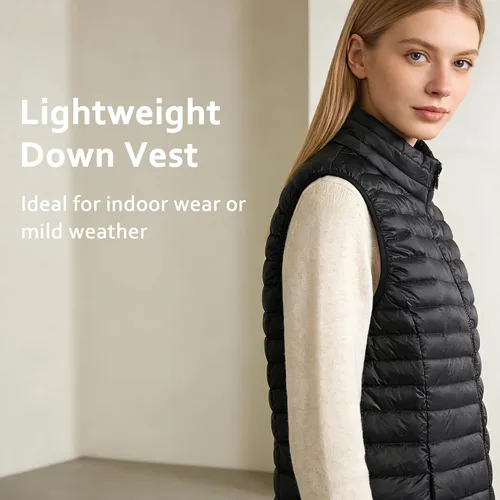 Vista 4 de ELFJOY Chaleco de plumón medio largo para mujer, chaleco acolchado ligero, chaqueta cortavientos elegante Negro