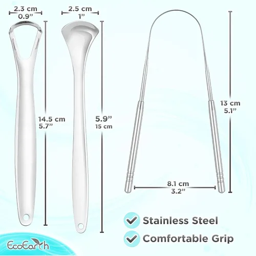 Vista 5 de Raspador de lengua para adultos, limpiador de lengua de metal con estuche de almacenamiento plateado, limpiador bucal de acero inoxidable resistente