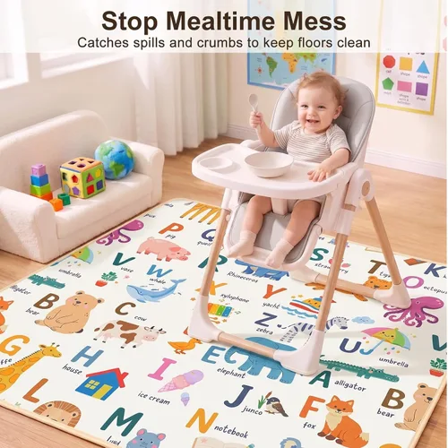 Vista 5 de Basumee Tapete de salpicaduras para silla de bebé, impermeable, tapete de juego para debajo de la silla alta, tapete para atrapar alimentos
