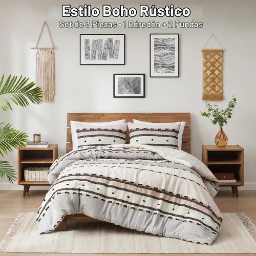 Vista 5 de Hyde Lane Juego de edredón bohemio tamaño Queen, ropa de cama moderna tamaño Full estilo casa de campo, parte superior de algodón con rayas jacquard