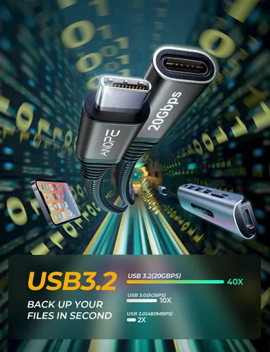 Vista 3 de AINOPE Cable de Extensión USB C, 20Gbps/USB3.2 Transferencia Rápida USB Tipo C Extensor 240W Carga Compatible con iPhone 16 pro max/PSVR2/USB C