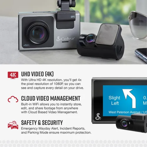Vista 3 de Cámara de salpicadero inteligente Cobra+leva trasera (SC 400D) – Resolución UHD 4K, Alexa incorporada, capacidad para 3 cámaras, alertas de policía
