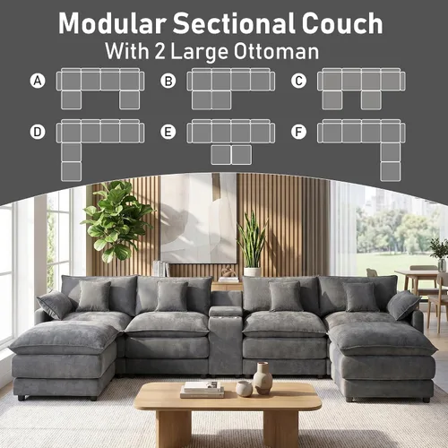 Vista 3 de Sofá modular de gran tamaño de 145 pulgadas, sofá de nube en forma de U, moderno juego de sofá de 6 asientos para sala de estar, cómodo asiento Gris