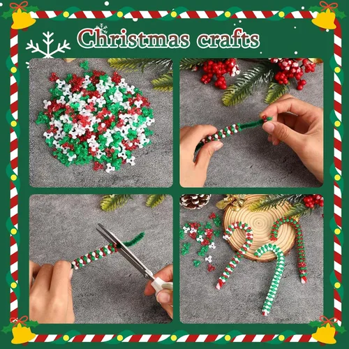 Vista 5 de Amaney - 1000 cuentas de tres cuentas de Navidad con cuentas de bastón de caramelo, verde, rojo y blanco, cuentas para adornos navideños