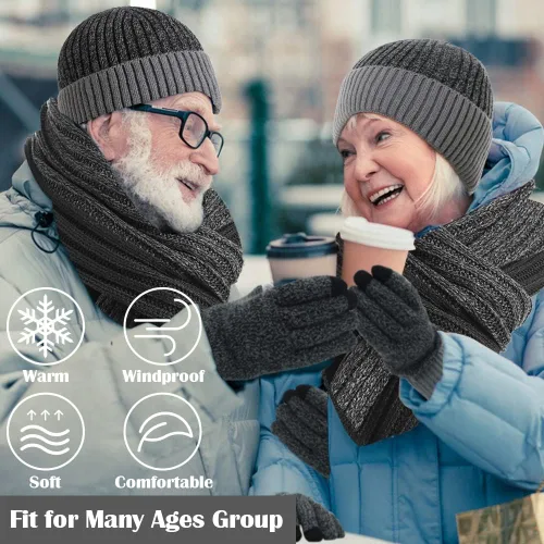 Vista 7 de Guantes para hombre para clima frío invierno cálido de felpa gris oscuro gorro de punto grueso para Navidad Año Nuevo regalo de cumpleaños