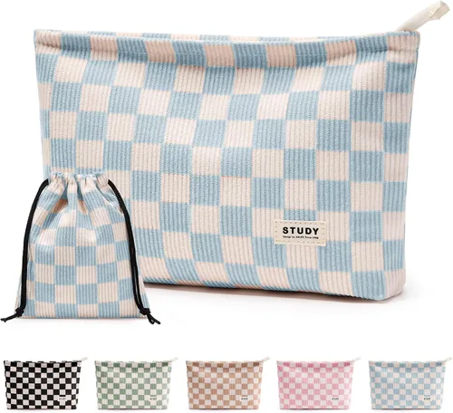 Vista 14 de WLLWOO - 2 bolsas de maquillaje de pana con cara sonriente, bolsa de cosméticos con cremallera interior impermeable, estuche para lápices, monedero