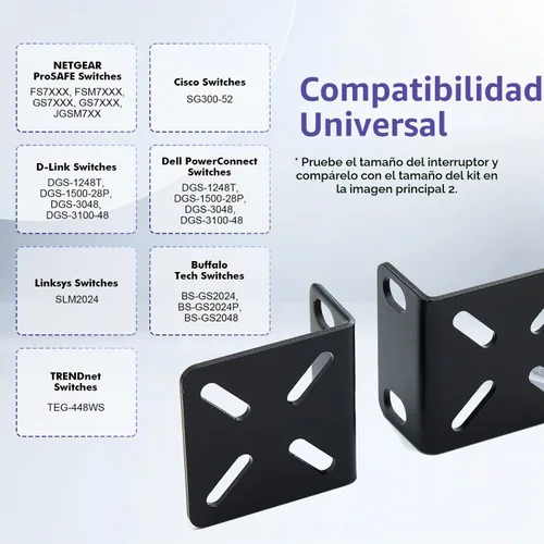 Vista 6 de Kit de montaje en rack para switches de 17.3 pulgadas, orejas de rack ajustables para productos Buffalo Tech, Cisco, NETGEAR, Dell, D-Link, Linksys