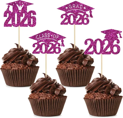 Vista 26 de Paquete de 24 adornos para cupcakes de clase 2026 con purpurina 2026 Felicidades Graduación Diploma Done Cupcake Picks 2026 Graduación Temática