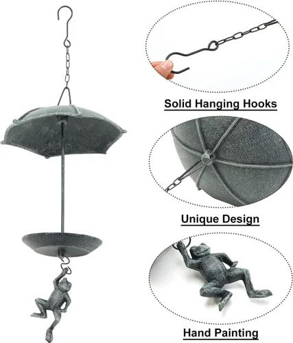Vista 6 de Sungmor Comedero decorativo colgante para pájaros, baño de pájaros de hierro fundido impermeable, diseño único de paracaidismo de rana verde