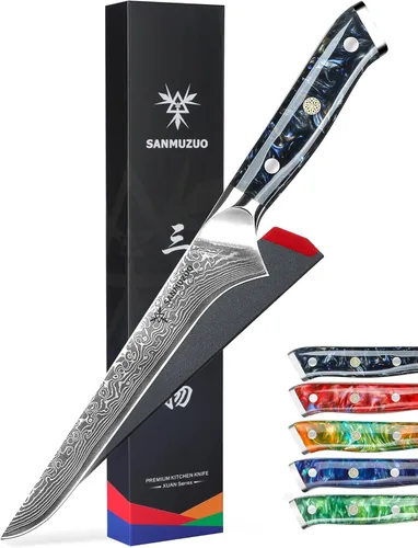 Vista 8 de Cuchillo de filete de 7 pulgadas, VG10 Damasco cuchillo para deshuesar peces con mango de resina - Serie Xuan (naranja fantasía)