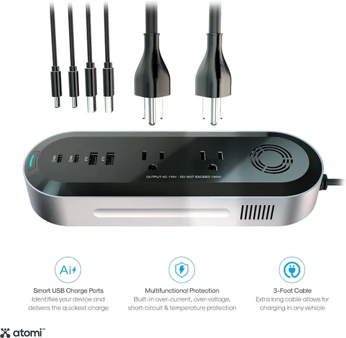 Vista 2 de Atomi - Inversor de corriente para automóvil de 150 W con 2 tomas de corriente alterna de 110 V + 2 puertos USB-C + 2 puertos USB de carga