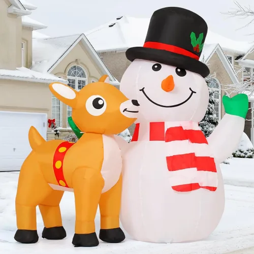 Vista 3 de COMIN Muñeco de nieve navideño inflable de 5.2 pies para decoraciones al aire libre, muñeco de nieve reno inflable con LEDs integradas