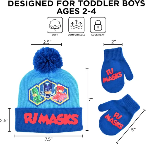 Vista 6 de PJ Masks Conjunto de gorro y guantes de invierno para niños, gorro para niños de 2 a 4 años
