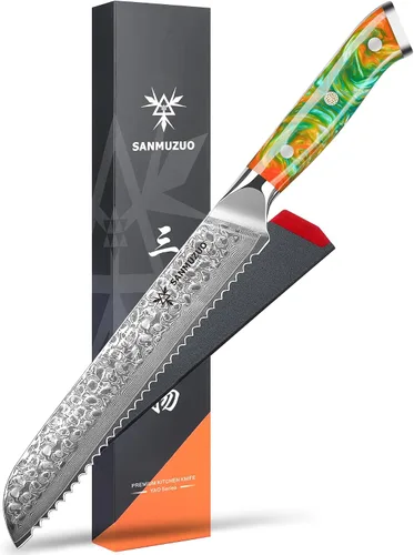 Vista 14 de Cuchillo Santoku de 7" - Cuchillo de chef japonés - Acero de Damasco martillado y mango de resina - Serie YAO