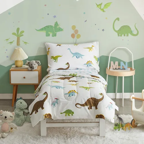 Vista 9 de Juego de ropa de cama de 4 piezas para niños pequeños, dinosaurio con dinosaurios coloridos y monstruos, juego de sábanas para otoño e invierno