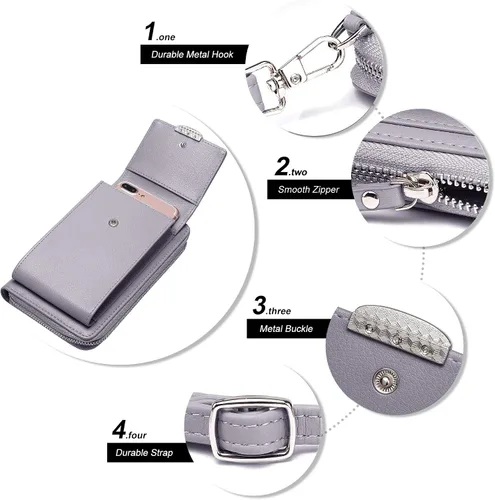 Vista 5 de KUKOO Small Crossbody Bag Cell Phone Purse Wallet with Credit Card Slots for Women A- Versión mejorada con cremallera gris