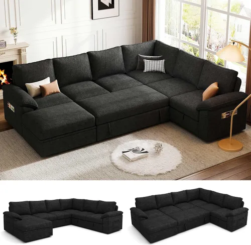 Vista 19 de Sofá Seccional Modular de 85 Pulgadas con Cama Extraíble, Sofá Cama Seccional en Forma de L de 5 Asientos con Almacenamiento, Sofás Seccionales