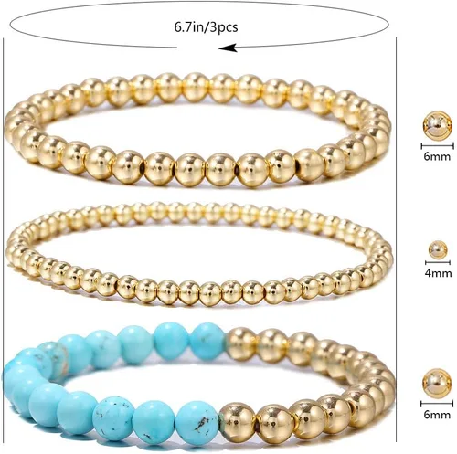 Vista 4 de YBMYCM - Brazalete de cuentas chapadas en oro de 14 quilates, delicado y apilable, para mujeres y niñas