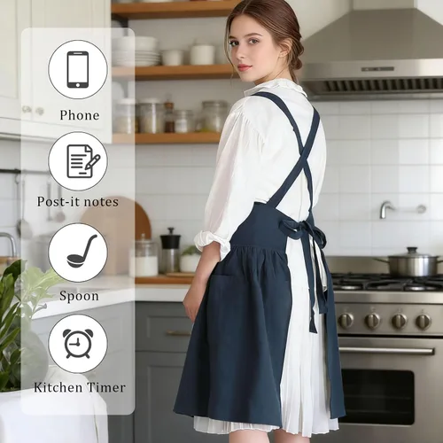 Vista 4 de Vestido tipo delantal de lino de algodón con espalda cruzada para mujer con bolsillos para cocinar y limpiar - Delantal cruzado - Azul - con lazos