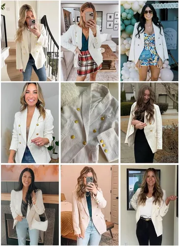 Vista 5 de Happy Sailed - Blazer de tweed para mujer, estilo informal, de manga larga, cruzado, abierto por delante, chaquetas de trabajo
