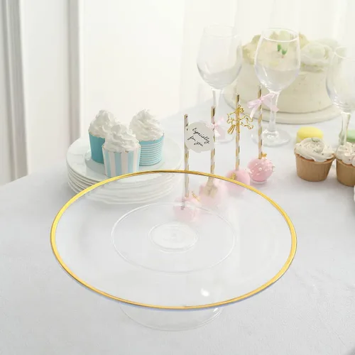 Vista 8 de Tableclothsfactory Paquete de 2 elevadores de plástico transparente de 12 pulgadas con borde dorado para cupcakes y postres, soporte desechable