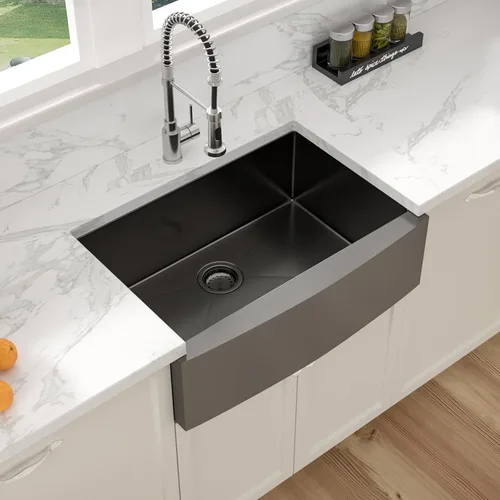 Vista 3 de Sarlai Fregadero negro de granja – Fregadero de cocina frontal con delantal de 30 pulgadas x 22 pulgadas, fregadero de cocina estilo casa de campo