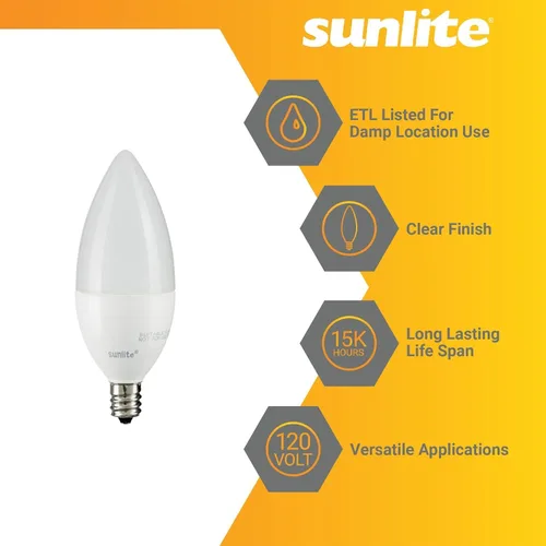 Vista 3 de Sunlite Bombilla LED B11 con punta de torpedo esmerilada, 4.5 vatios (equivalente a 40 W) 300 lúmenes, base de candelabro E12, regulable, 5000K luz