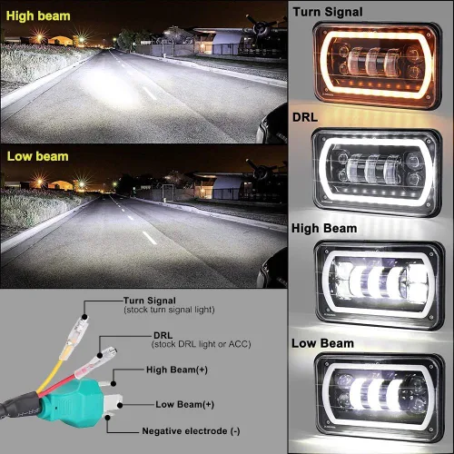 Vista 7 de 4 piezas de faros delanteros LED de 4x6 con anillo de halo blanco y amarillo, haz sellado alto y bajo, H4651 H6545 H4668 H4656, reemplazo de faros