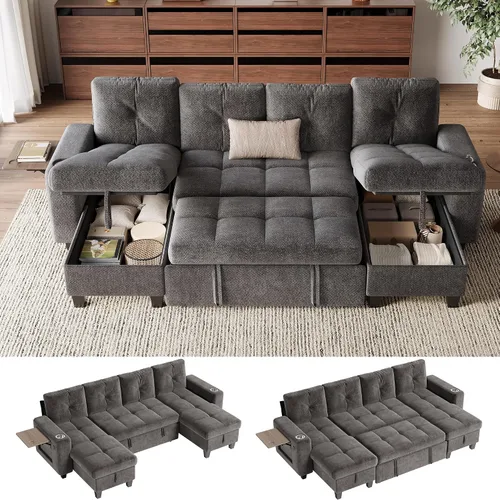 Vista 21 de LINSY HOME Modular Sectional Sofa Bed, Chenille Pull Out Couch 2 Seat Beige