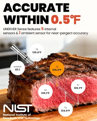 Vista 4 de UNERVER Termómetro inteligente inalámbrico Bluetooth para carne: precisión de ± 0.5 °F, 1 sonda con 6 sensores, termómetro digital WiFi con base