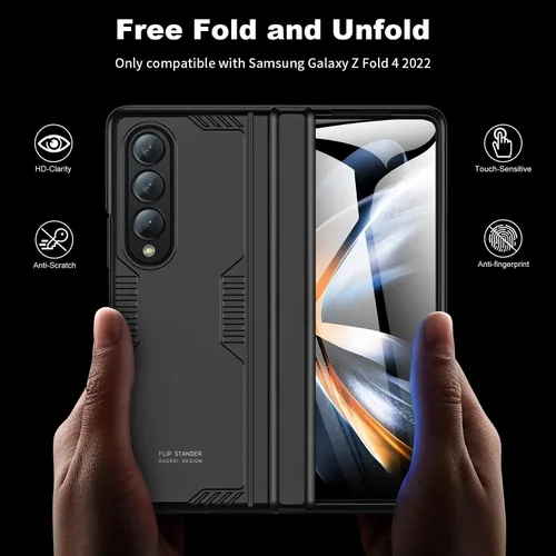 Vista 3 de Funda para Samsung Z Fold 4: [Soporte oculto] [carga inalámbrica], carcasa delgada de protección de bisagra de cuerpo completo, protector de Negro