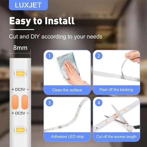 Vista 8 de LUXJET - Luz recargable con sensor de movimiento para armario, tira LED flexible de 1 m con 30 luces LED, sensor PIR y de luz, luz nocturna blanca