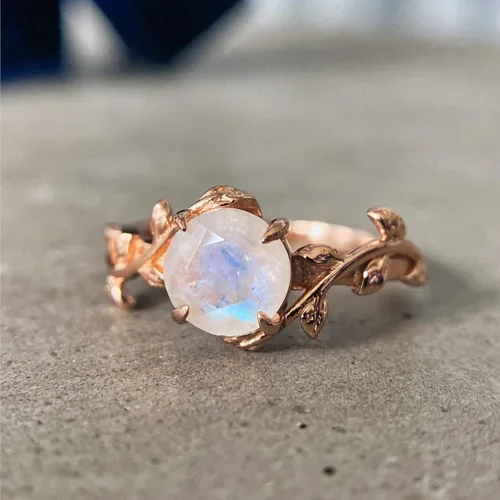 Vista 5 de ASANA - Anillo de compromiso único de piedra lunar para mujer, oro rosa de 14 quilates sobre plata de ley, anillo de compromiso único, banda