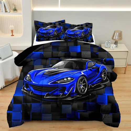Vista 9 de Juego de Ropa de Cama Individual para Niños con Coches de Carrera, Juego de Edredón de Tamaño Individual con Coche Deportivo Azul para Niños, Juego