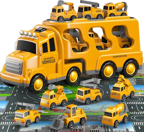 Vista 12 de Beby Buty Camiones de Construcción 5 en 1 para Niños de 3-5 años, Juguetes de Coches y Camiones para Niños Pequeños con Luz y Sonido, Incluye Grúa