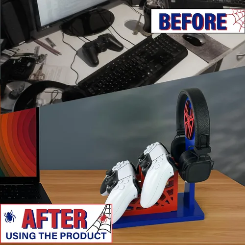 Vista 4 de Regalo de jugador para hombres, adolescentes y niños, organizador de controlador de madera con soporte para auriculares y soporte para controlador