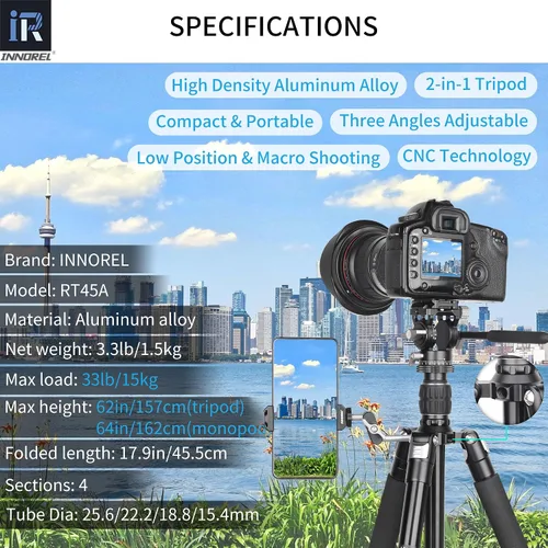 Vista 2 de INNOREL RT45A - Trípode para cámara profesional 6061, aleación de aluminio, compacto, portátil, trípode fotográfico, monopie para cámara réflex