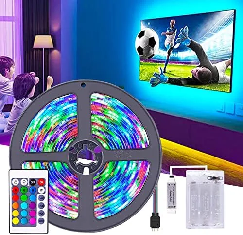 Vista 3 de Tira de luces LED alimentadas por batería con control remoto de 24 teclas, tira de luz de fondo de TV para interiores y exteriores