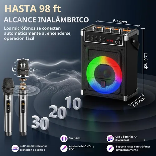 Vista 6 de JYX - Máquina de karaoke con 2 micrófonos inalámbricos, altavoz Bluetooth portátil con ajuste de graves/agudos y luz LED, compatible con TWS