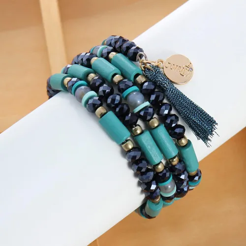 Vista 4 de Coiris Pulseras de declaración de cuentas de múltiples hebras pulseras versátiles Boho encanto borla apilable cuentas pulseras elásticas de cuerda