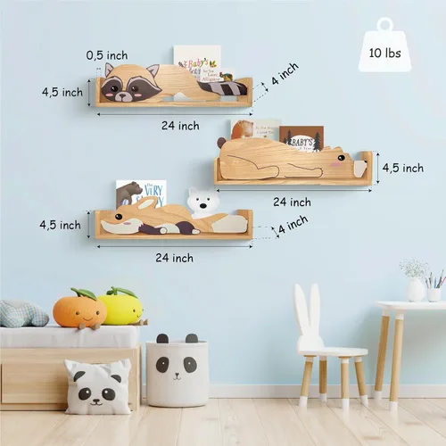 Vista 2 de 3 estantes flotantes, estante de pared para habitaciones de niños, estanterías de guardería de bosque, zorro de oso y mapache de 24 pulgadas