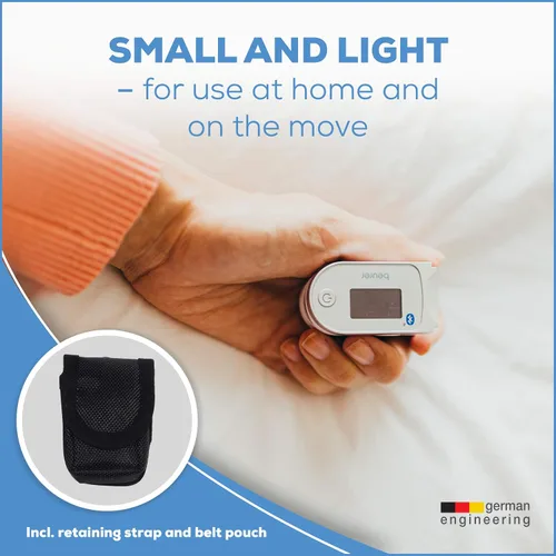 Vista 6 de Beurer Oxímetro de pulso digital Bluetooth para la punta del dedo, monitor de saturación de oxígeno en sangre y frecuencia cardíaca con accesorios