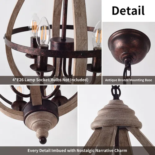 Vista 7 de Lámpara colgante de madera con forma de lágrima vintage, lámpara de granja con acabado de madera envejecida y bronce para isla de cocina, comedor