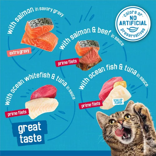Vista 4 de Purina Friskies - Paquete variado de comida húmeda para gatos Fish-A-Licious con salsa extra, filetes prime y tesoros sabrosos - (Paquete de 32)