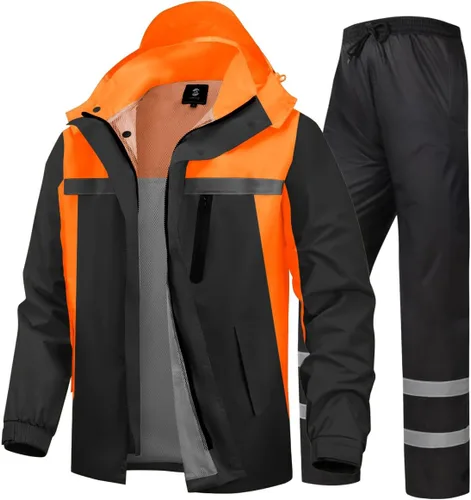 Vista 13 de Traje de lluvia para hombre, de alta visibilidad, reflectante, para trabajo, chaqueta de lluvia, pantalones para todos los deportes, granja, pesca