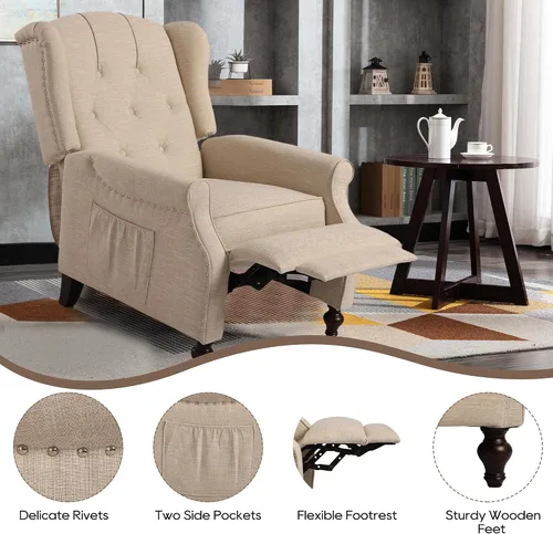 Vista 7 de Silla Wingback con masaje y calor, silla reclinable de tela copetuda, silla reclinable con respaldo de ala con control remoto, cojín acolchado