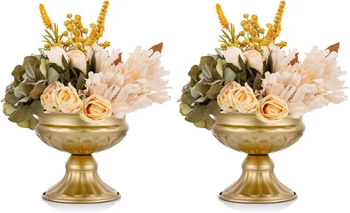 Vista 7 de Jarrones de metal para centros de mesa, Hewory Jarrones de compota de pedestal dorado con contenedor floral a granel, cuencos con pie de latón