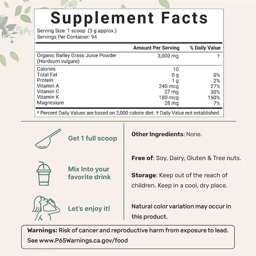Vista 2 de Micro Ingredients Jugo de hierba de cebada orgánica en polvo, 10 onzas, prensado en frío, cultivado en Estados Unidos, vitaminas inmunológicas